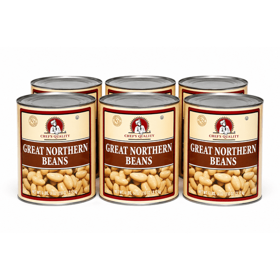 Chef's Quality Great Northern Beans, #10 Can, 6 Pack, 108 oz Each, Ready-to-Use Canned Great Northern Beans