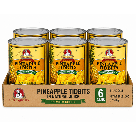 Chef's Quality Pineapple Tidbits in Natural Juice, Choice Grade, #10 Can, 6 Pack, 107 oz Each, Canned Pineapple