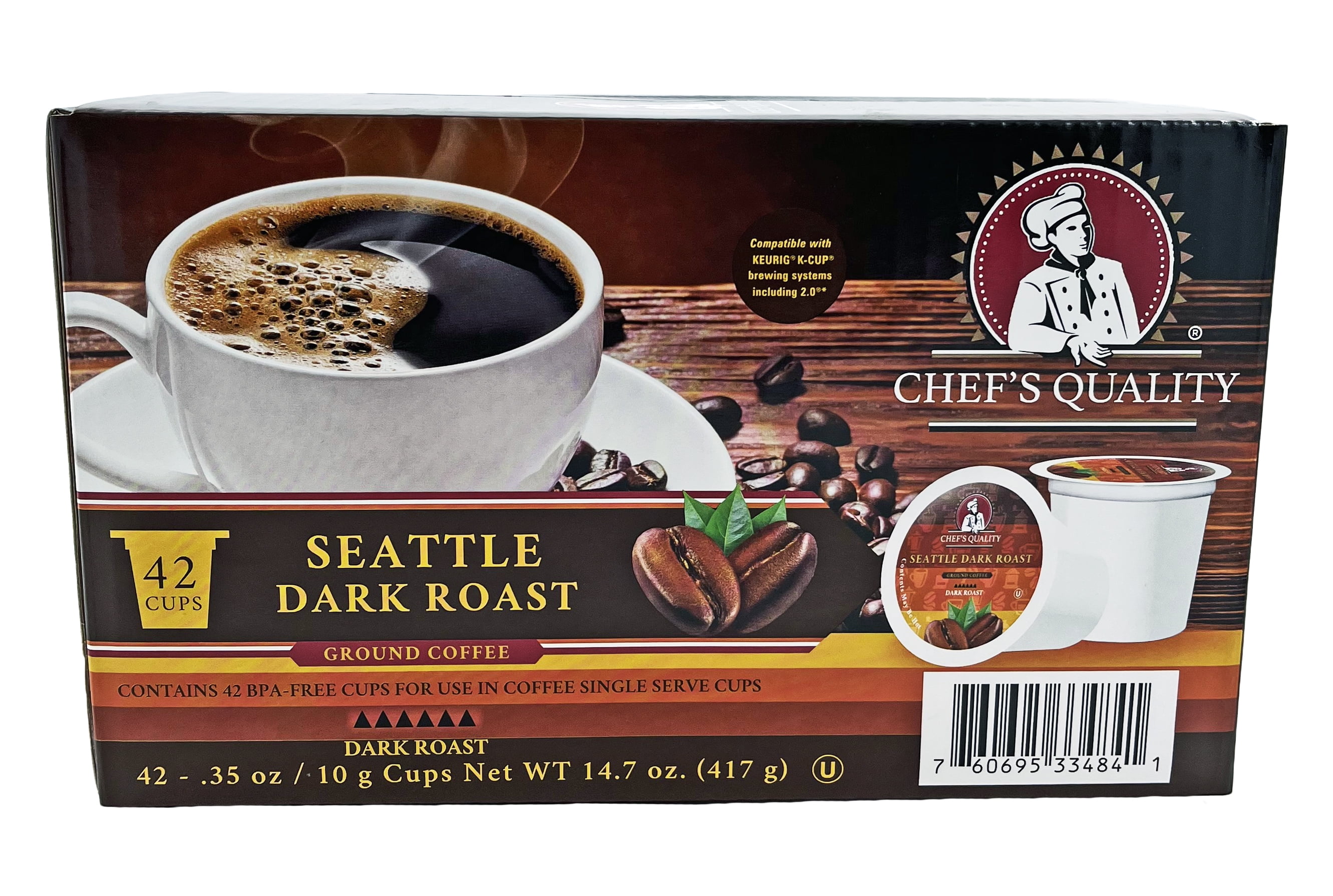 Chef's Quality Seattle 0.35 oz. Single Serve Coffee Pods | Dark Roast | Kosher | 42 Count