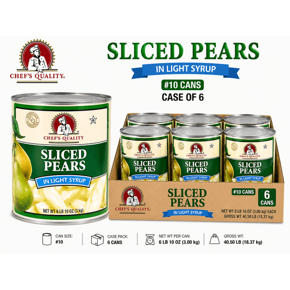 Chefs Quality Sliced Pears in Light Syrup, #10 Can (6 lb 10 oz Each), Case of 6 Bulk Foodservice Canned Fruit, Ready-to-Serve Sweet Pear Slices
