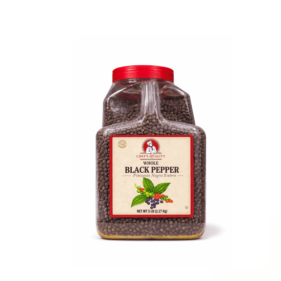 Chefs Quality Whole Black Peppercorns Bulk, 5 lb Container