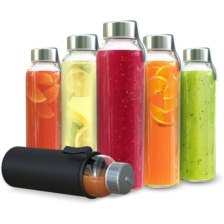  Glass Water Bottles 6 Pack With Sleeves and Stainless Steel Lids  - 18oz Size - Leak Proof Caps, Reusable and Perfect For Travel and Storing  Beverages Juice, Smoothies, Kombucha, Kefir, Tea 