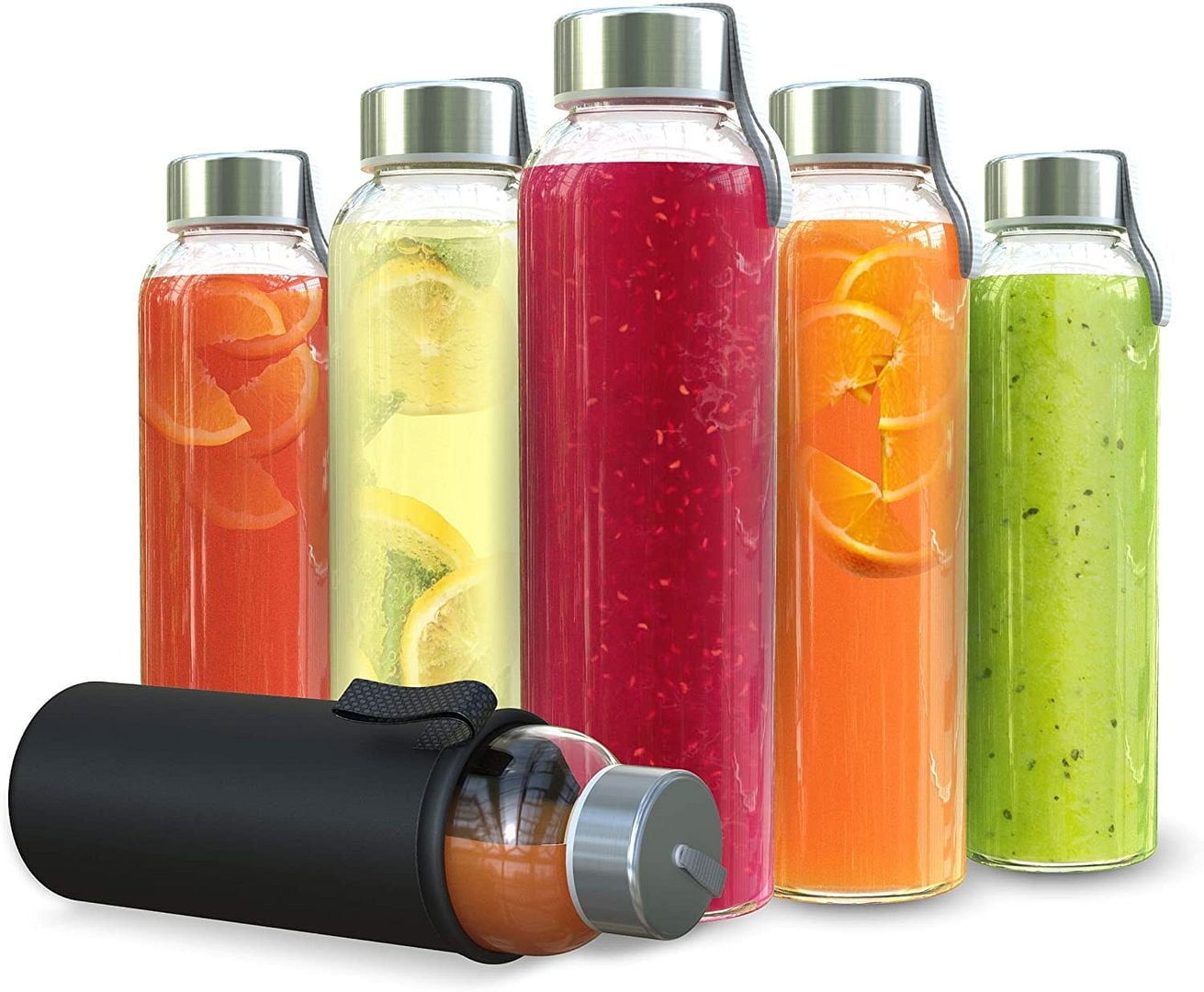 Chef's Star 18 oz Glass Drinking Bottle with Protection Sleeve Leak Proof Lids, Pack of 6