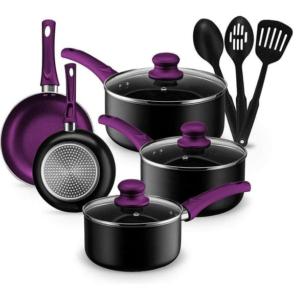 Chef's Star Aluminum Nonstick Cookware Pots and Pans Set, 11 piece (Purple)