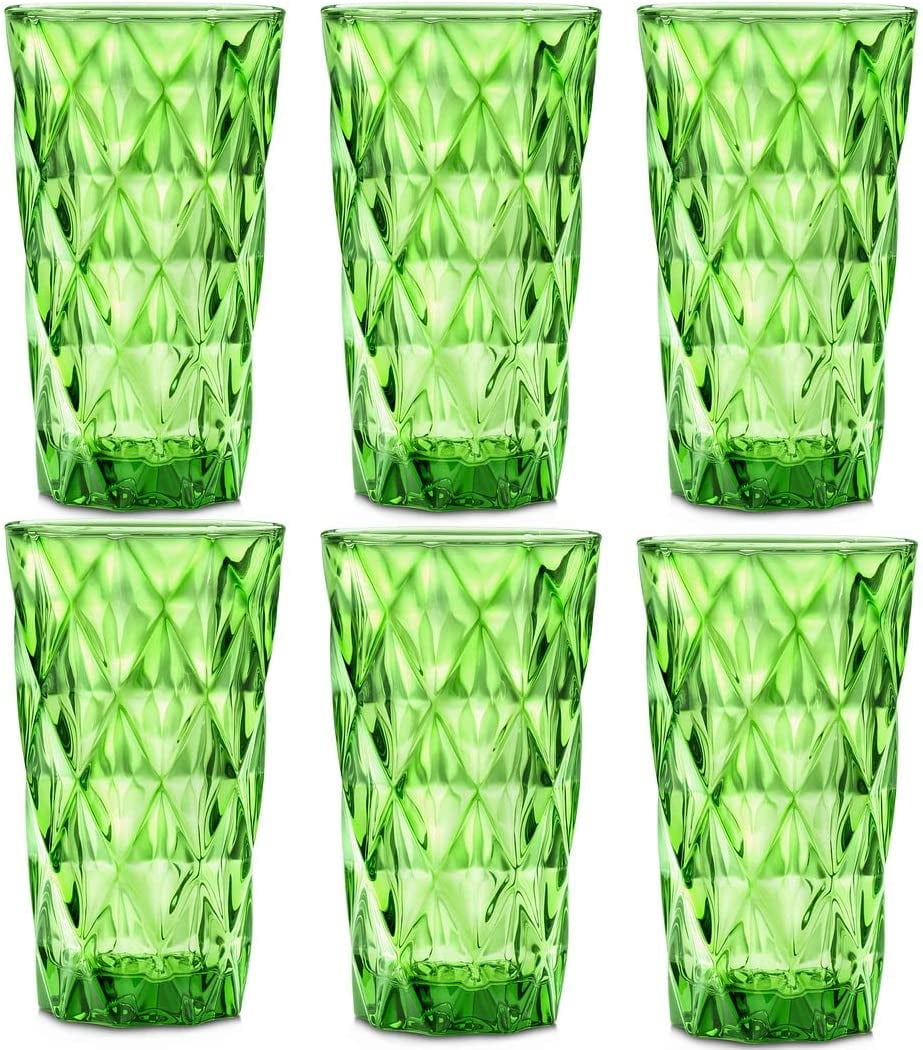 Vintage Green Leaf Pattern Frosted Top 16 Ounce Drinking Glasses