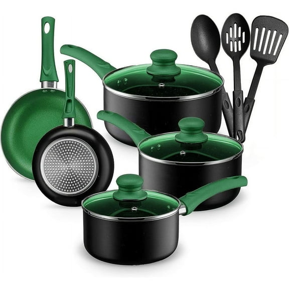 Chef's Star Pots And Pans Set Kitchen Cookware Sets Nonstick Aluminum Cooking Essentials 11 Pieces Green