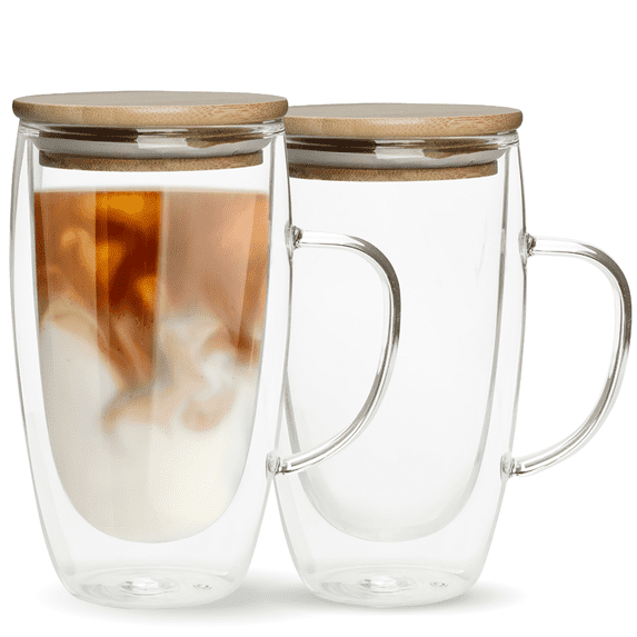 Chef's Unique Double Walled Glass Coffee Mugs 16 oz, Insulated Coffee Mugs with Handle And Bamboo Lid, Clear Glass Cups for Coffee Tea, Clear Coffee Mugs Set,Dishwasher Safe (2 Pack)