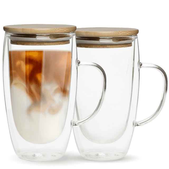 Chef's Unique 16 oz Double Walled Glass Coffee Mugs with Handle, Bamboo ...