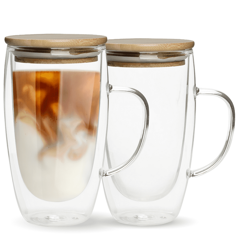 Chef's Unique Double Walled Glass Coffee Mugs 16 oz , Insulated Coffee Mugs  with Handle And Bamboo Lid , Clear Glass Cups for Coffee Tea , Clear Coffee  Mugs Set ,Dishwasher Safe (2 Pack) 