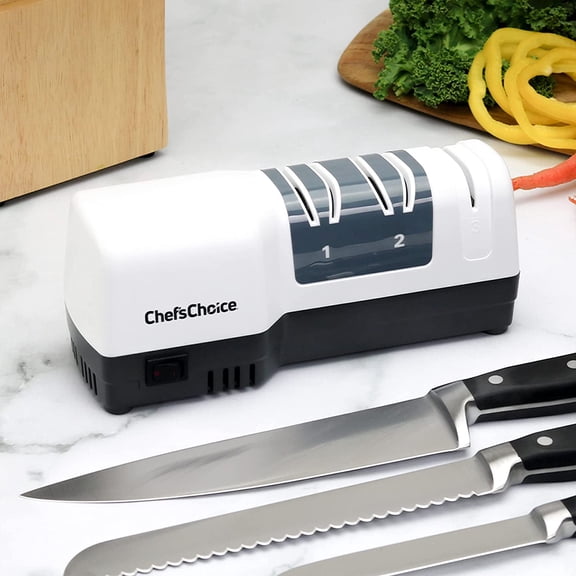 Chef'sChoice Hybrid Knife Sharpener 3-Stage Electric Manual for Straight Serrated Knives with Diamond Abrasives and Precision Angle Guides, White