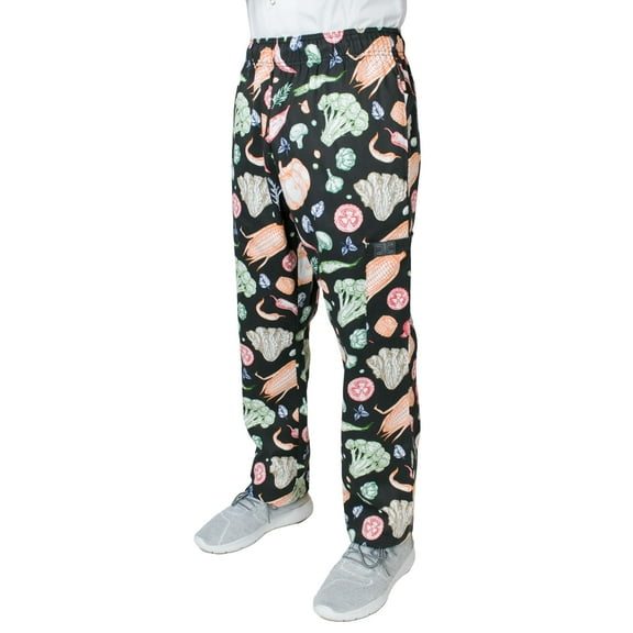 ChefCode Unisex Modern Fit Chef Pants with Cargo Pockets, Elastic Waist, Veggie Medley, Large