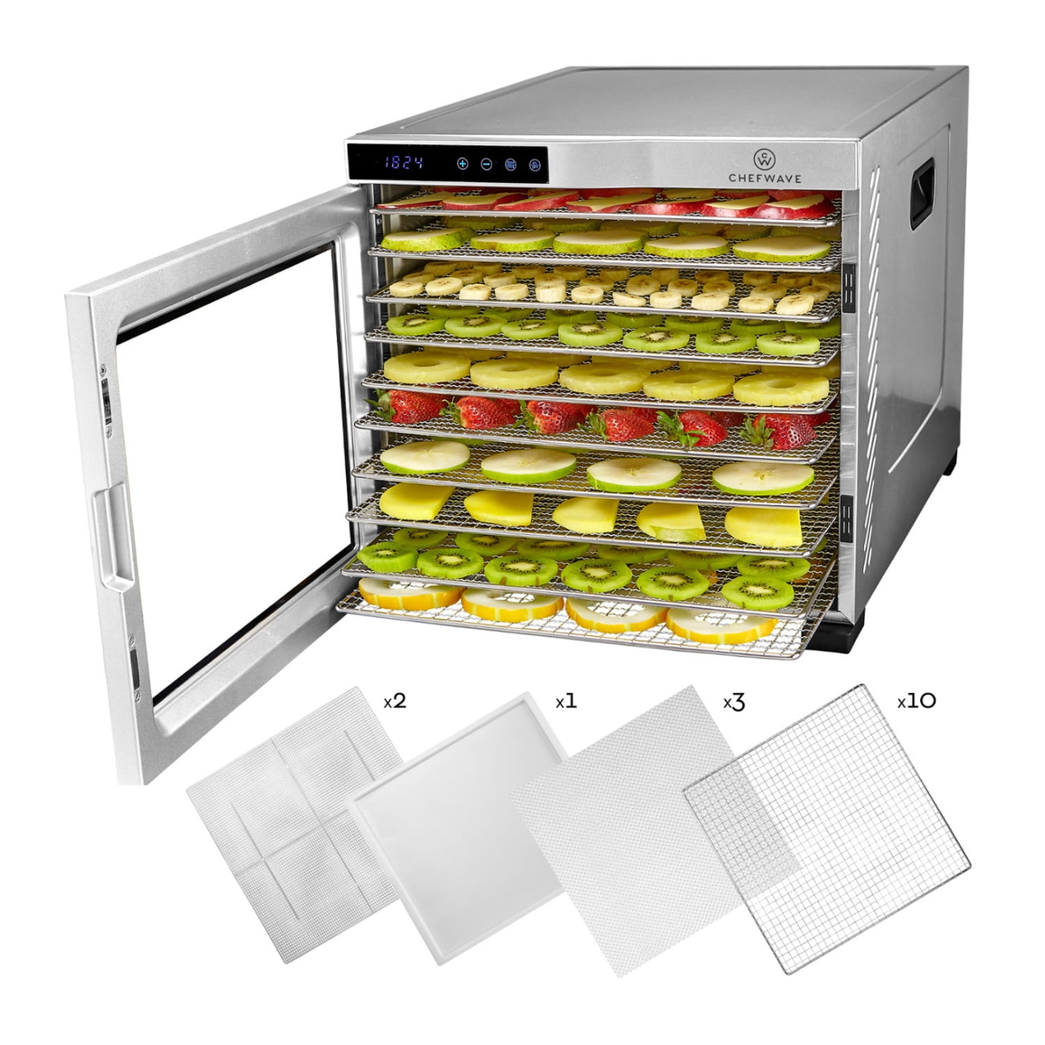 Hi Tek Stainless Steel 10-Tray Food Dehydrator - Removable Door, 120V,  1000W - 1 count box