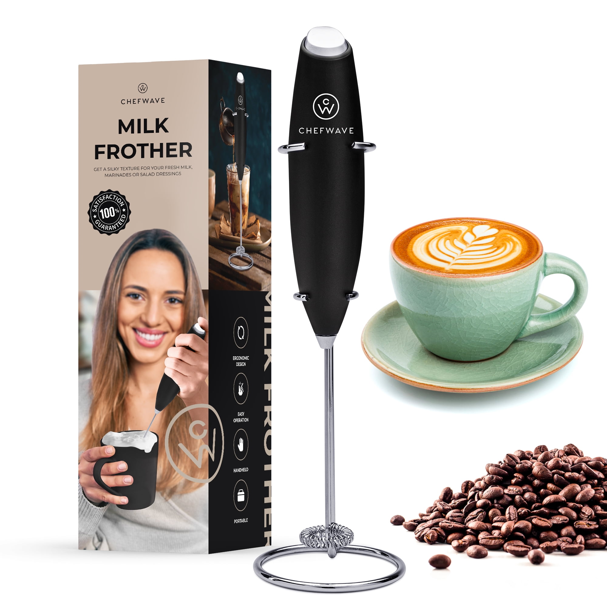 Black Ergonomic Handheld Milk Frother with Stand