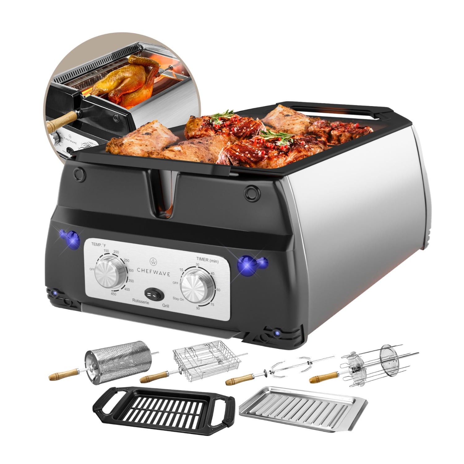 Chop21 Smokeless 26Qt Countertop Air Fryer Grill Rotisserie Oven 