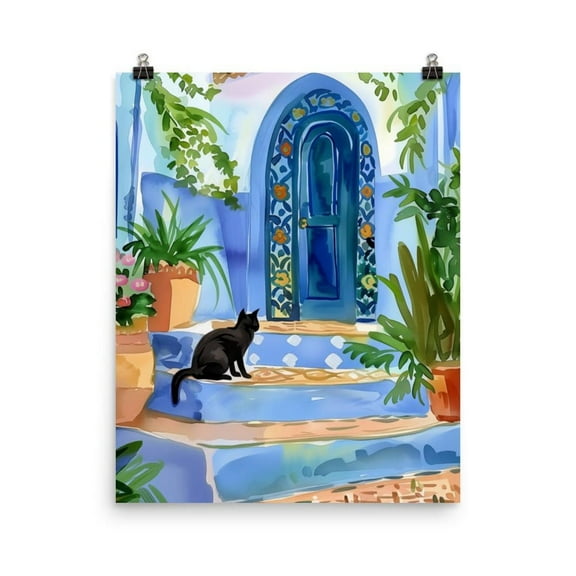 Chefchaouen Black Cat Print, Moroccan Blue Door Wall Art, Casablanca Travel Print, Arabesque Decor, Blue City Artwork Home Decor #19, Unframed Canvas Size 24x36