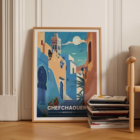 Chefchaouen Morocco Poster, Travel-Inspired Art, Blue City Landscape, Home Decor, Rif & Atlas Mountains Wall Art, Marrakech Wall Art, Modern Wall Decor, 24x36 UNFRAMED