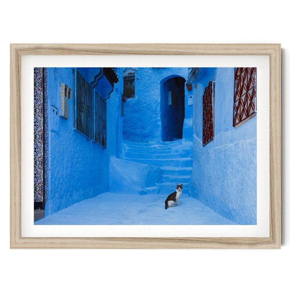 Chefchaouen Morocco Print Blue City Street Cat Photography For Boho Home Decor, Unframed Paper Print
