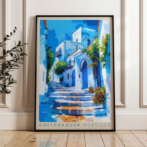 Chefchaouen Morocco Travel Print Blue City Wall Art, Unframed Canvas 16x20in