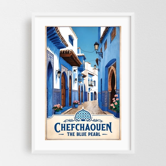 Chefchaouen Poster – Vintage Moroccan Blue Pearl Art Print - Chefchaouen Tangier-Tétouan-Al Hoceima Morocco Illustration Travel Poster Architecture Cityscape White Framed Wall Art Print 5 x 7 inches