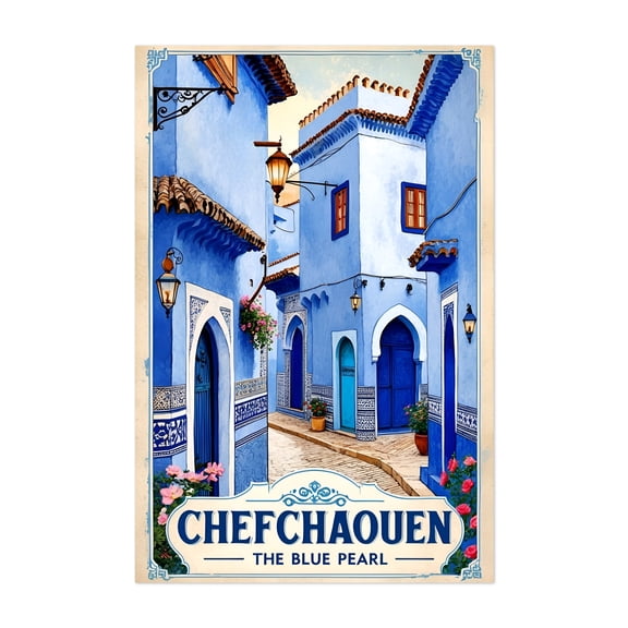 Chefchaouen Travel Poster – Vintage Moroccan Blue Pearl - Chefchaouen Tangier-Tétouan-Al Hoceima Morocco Illustration Travel Poster Architecture Vintage Poster Unframed Wall Art Print 40 x 60 inches
