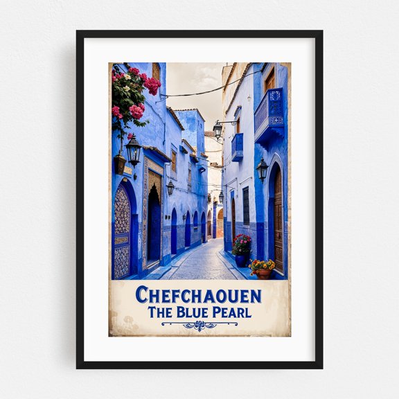 Chefchaouen Vintage Poster – Moroccan Blue Pearl Art - Chefchaouen Tangier-Tétouan-Al Hoceima Morocco Illustration Travel Poster Architecture Vintage Poster Black Framed Wall Art Print 24 x 36 inches