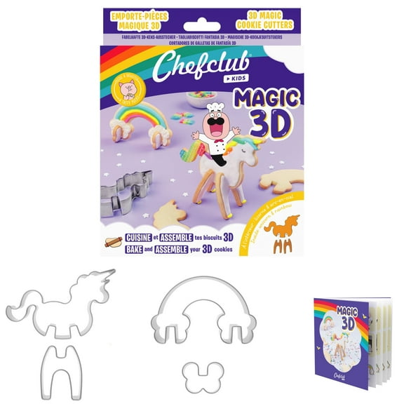 Chefclub Kids 3D Unicorn & Rainbow Cookie Cutters with Recipe - Multilingual, 4 Stainless Steel Magic Cookie Cutter, Video Recipe Included for Kitchen Baking for Kids Biscuit Cutter Baking Set