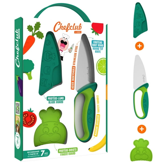 Chefclub Kids - Kitchen Knife Set for Children - Stainless Steel Blade - Finger Guard and Blade Protection Included - Ergonomic Handle, Safe Kitchen Knife Tool, Kids Cooking Supply (Green)