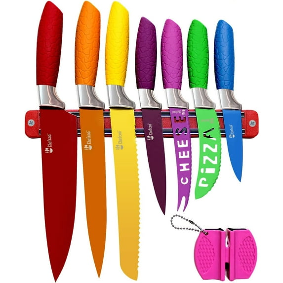 Chefcoo Kitchen Knife Set Plus Magnetic Strip and Sharpener One Cutlery Knives-Best Color Cooking Gadgets-Includes Cheese, Pizza, Paring, 14.5 x 10.9 x 1.5 inches, Red, Yellow, Blue, Green, Pink