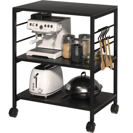 Cheflaud Kitchen Microwave Cart, 3-Tier Kitchen Utility Cart Vintage Rolling Bakers Rack with 5 Hooks for Living Room Decoration