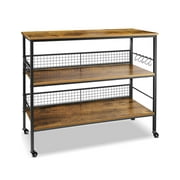 Cheflaud Rolling Kitchen Storage Cart Island with large open shelves and Large Worktop, 3-Tier Kitchen Baker’s Rack with 10 Hooks, Stable Steel Structure and Easy Assembly, Rustic Brown