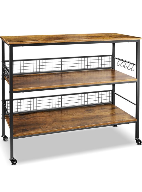 Cheflaud Rolling Kitchen Storage Cart Island with large open shelves and Large Worktop, 3-Tier Kitchen Baker’s Rack with 10 Hooks, Stable Steel Structure and Easy Assembly, Rustic Brown