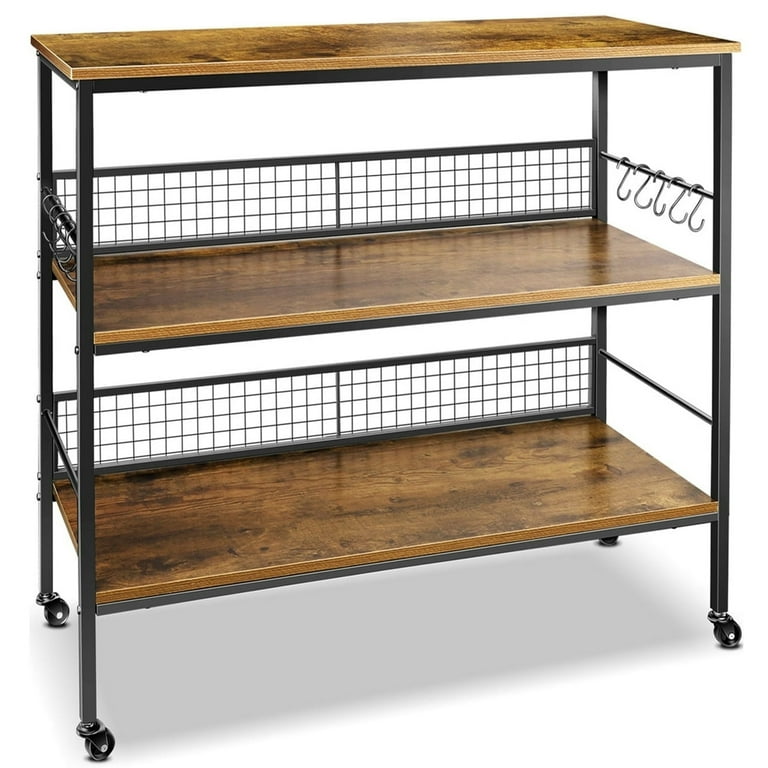 3 Tier Rolling Kitchen Storage Trolley Island with 10 Hooks Brown