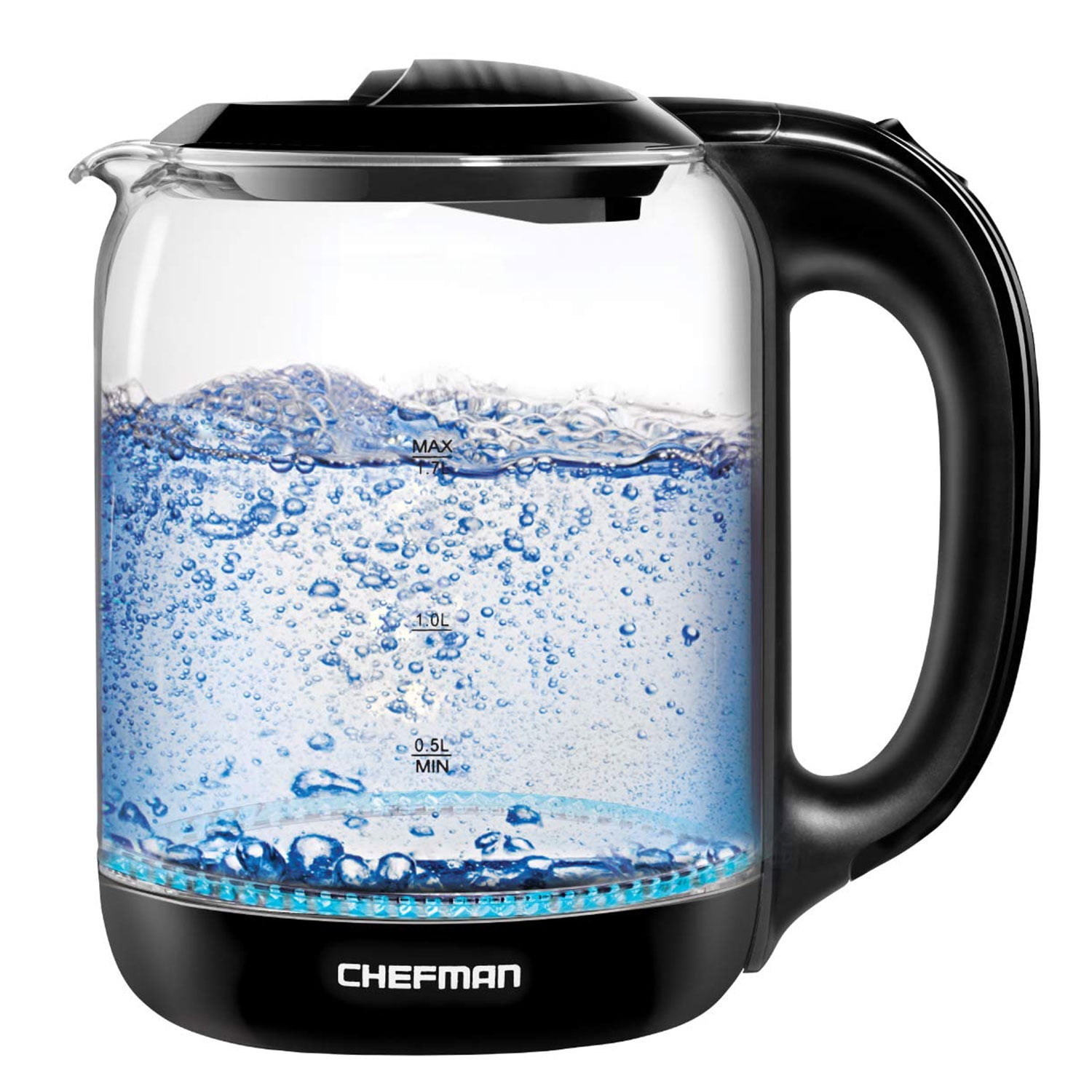 Chefman 1.7 Liter Electric Glass Tea Kettle with One Touch Easy Operation Black New