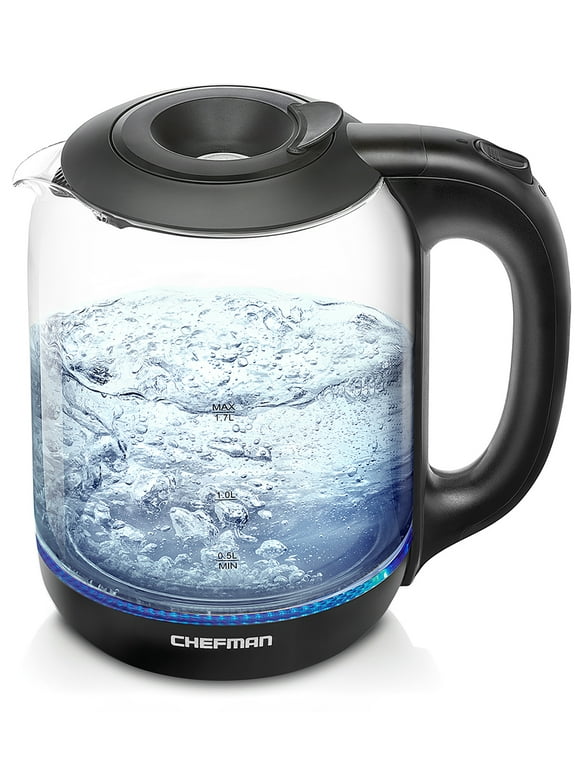 Chefman 1.7 Liter Electric Kettle w/ Easy Fill Removable Lid and LED Indicator Lights- Black, New