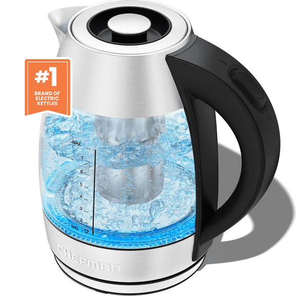 Chefman 1.8L Glass Electric Kettle, Fast Boiling W/ LED Light, Auto Shutoff, Removable Tea Infuser - Stainless Steel