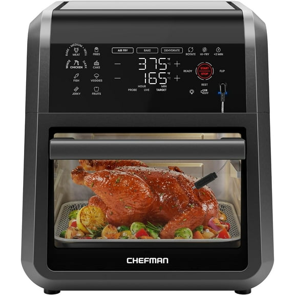 Open Box Chefman 12 Qt. Air Fryer 5 Functions w/ Integrated Smart Thermometer, 28 Presets, Black