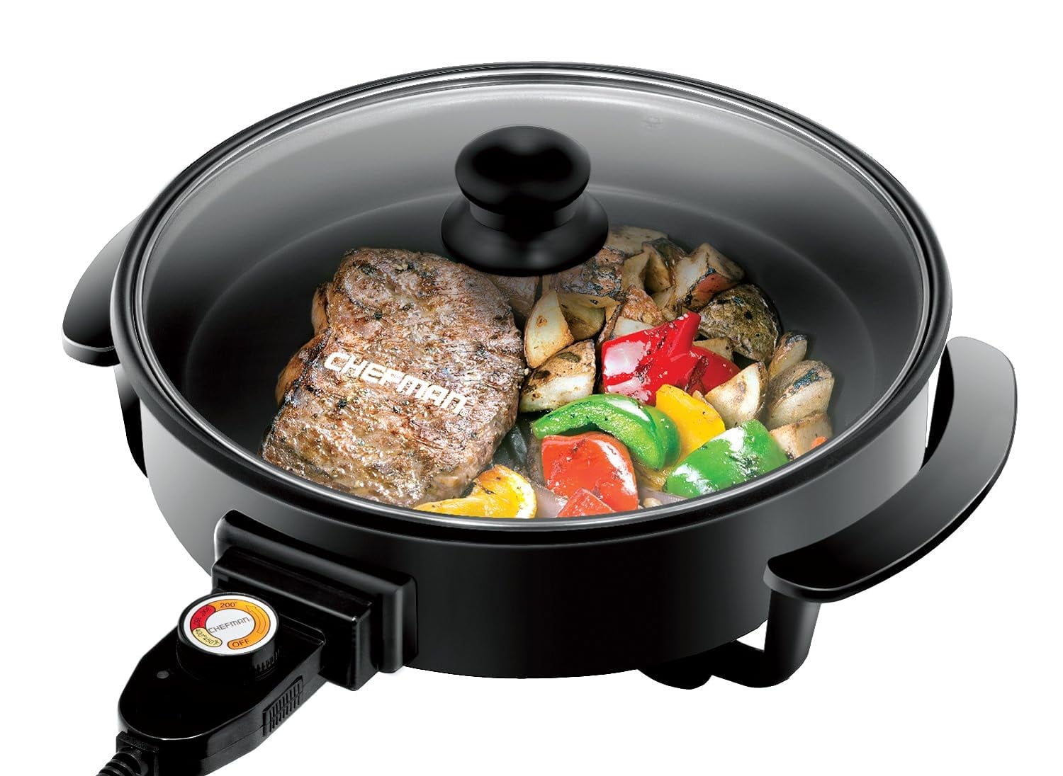Chefman 12 Round Electric Non Stick Skillet Griddle w Tempered Glass Lid Black New