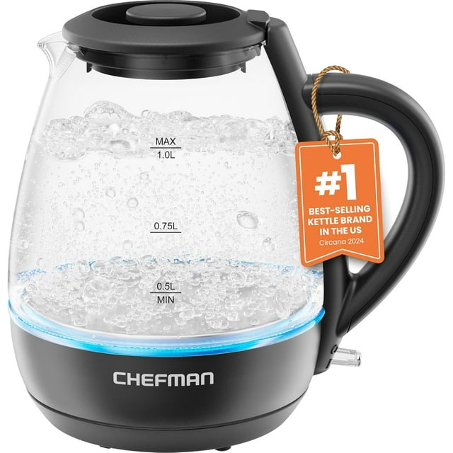 Chefman 1L Electric Glass Kettle w/ LED Indicator Light, Automatic Shutoff - Black, New