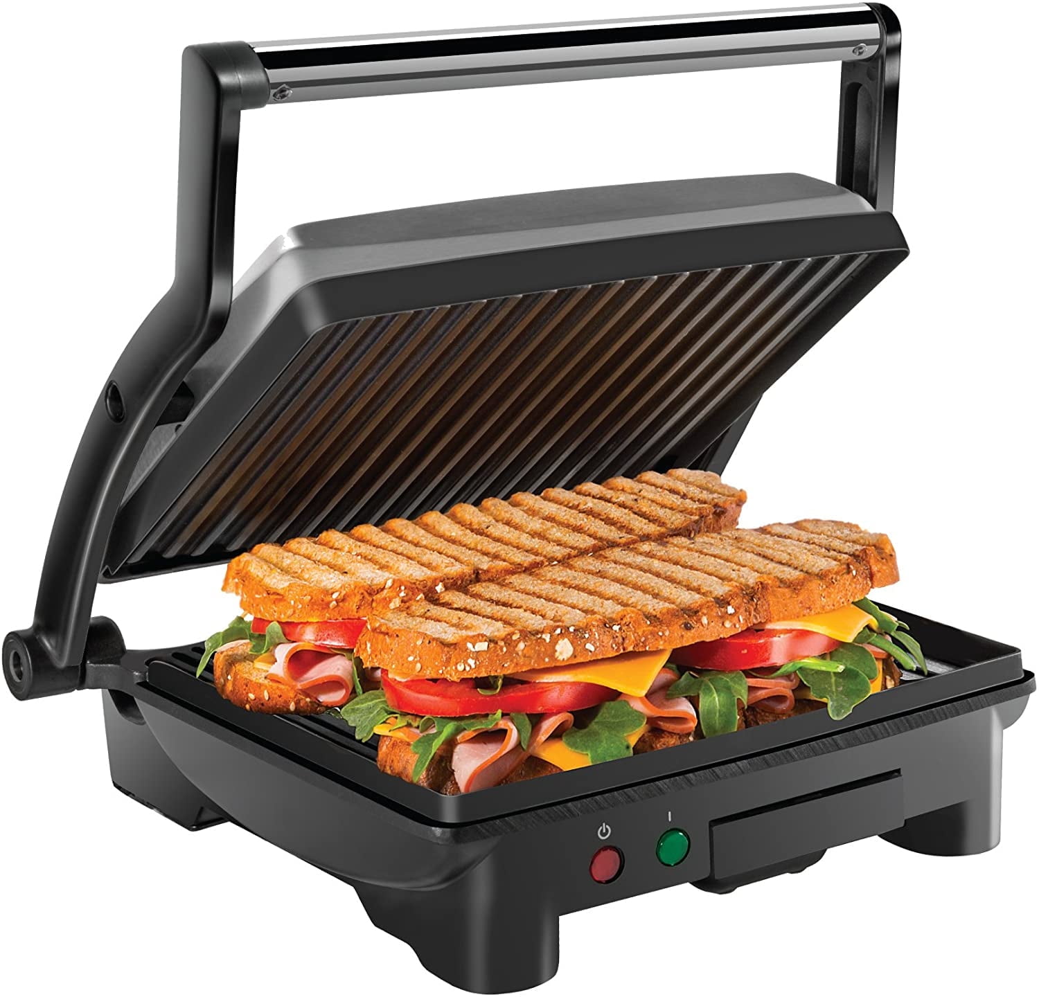 Chefman 3-in-1 Panini Press & Grill, 4-Slice Non-Stick, Opens Flat - Stainless Steel, New