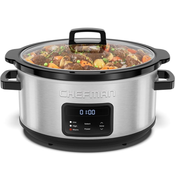 Chefman 7-Quart Digital Slow Cooker with 24-Hour Timer, Auto Warm Function - Stainless Steel