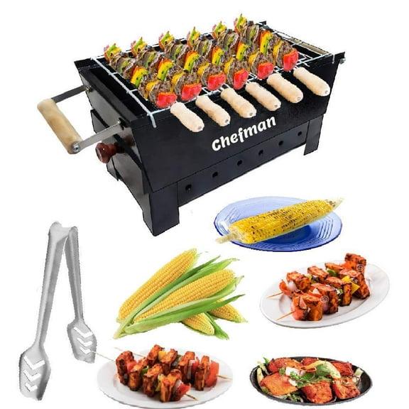 Chefman Charcoal barbeque grill with accessories 6 Skewers,1 Tong & make Grilled Chicken, grilled patatoes, Burger, Grilled corn, Paneer tikka etc.