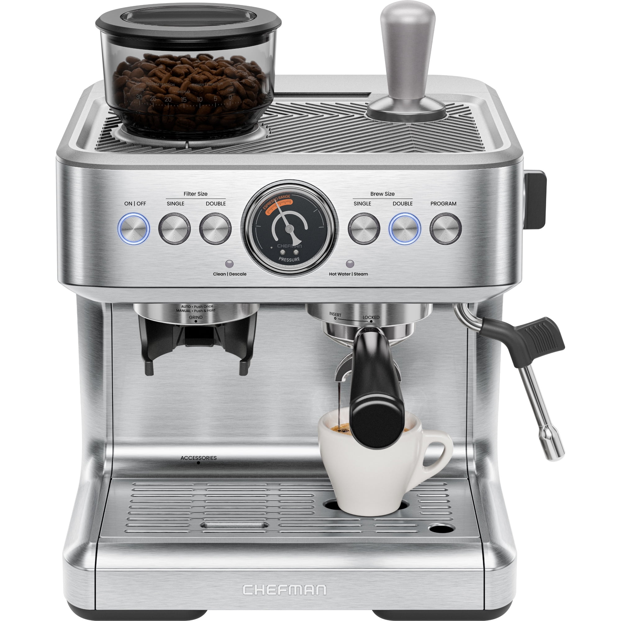 Chefman Crema Supreme Espresso Machine with Conical Burr Grinder and Steam Wand, Stainless Steel
