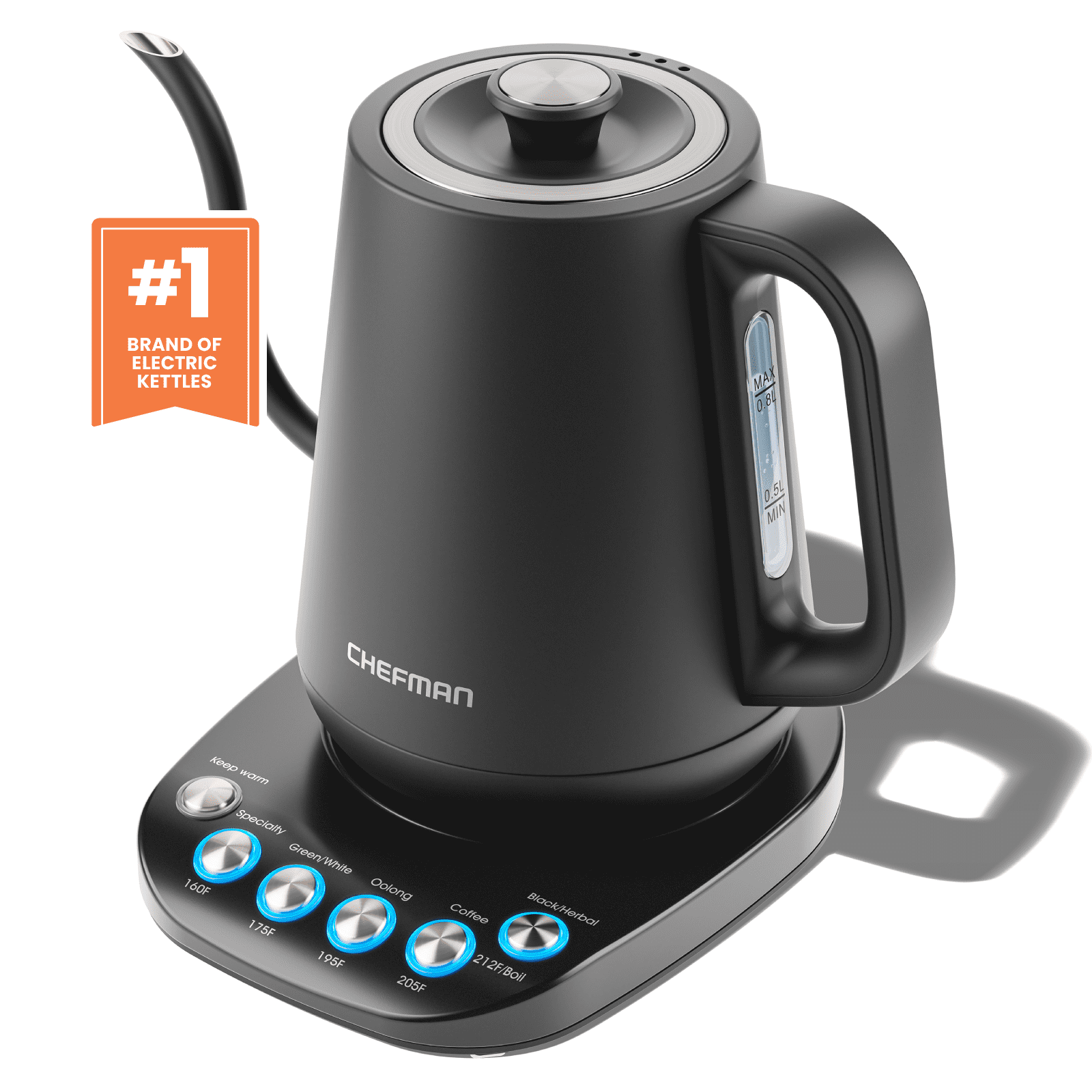 Chefman Black 0.8L Gooseneck Electric Kettle with Temperature Control
