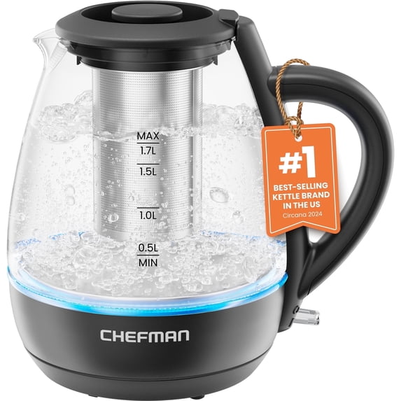 Chefman Fast Boil 1.7L Electric Glass Kettle w/ Tea Infuser, Removable Lid - Black