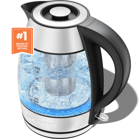 Chefman Fast-Boil 1.8L 1500W Glass Electric Kettle with Tea Infuser - Stainless Steel, New
