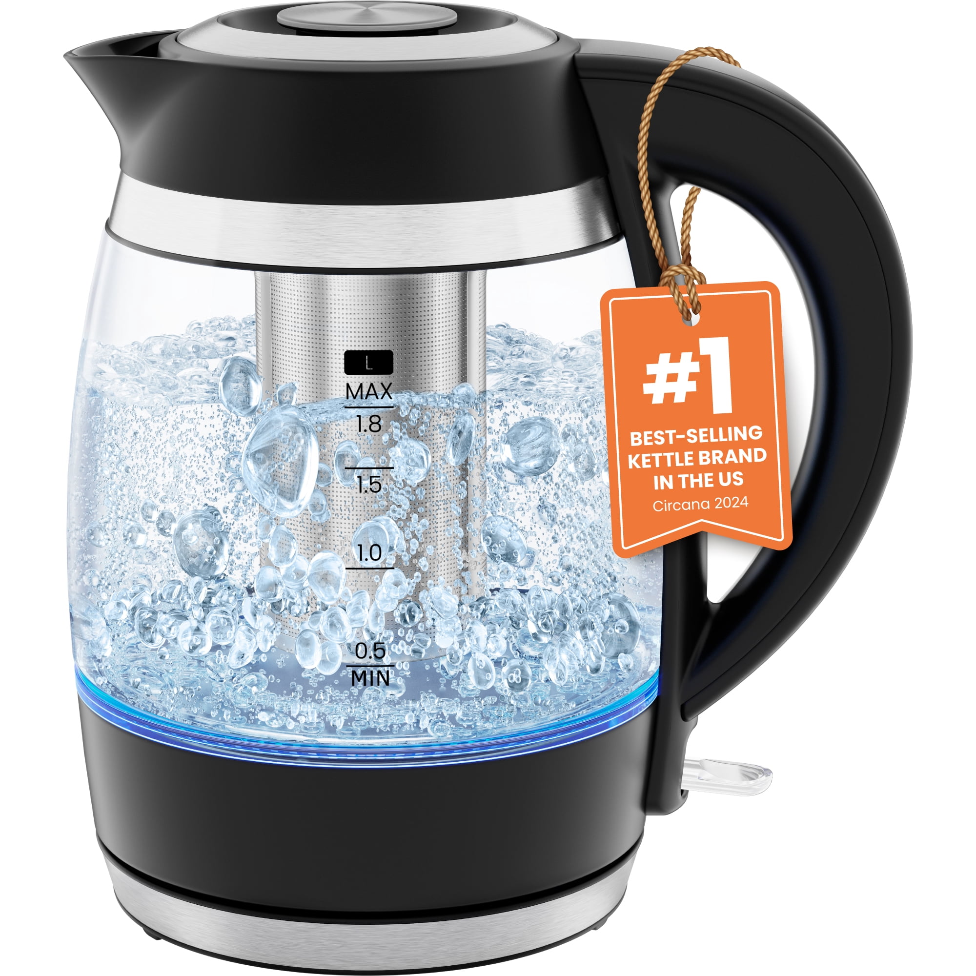 Chefman Fast-Boil 1.8L Electric Kettle with Tea Infuser, LED Lights - Black