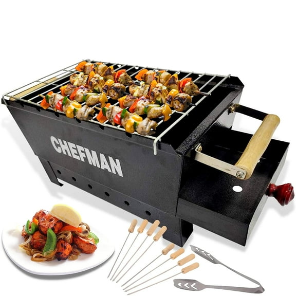 Chefman Medium Charcoal Grill Barbeque with 8 Skewers, 1 Grill 1 Tong barbeque grill for outdoor picnic/Parties/grilling | Paneer tikka, burger, chicken, corn & grilled gruits