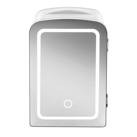 Chefman Portable Mirrored 4L Mini Fridge w/ LED Light, Heating and Cooling - White, New