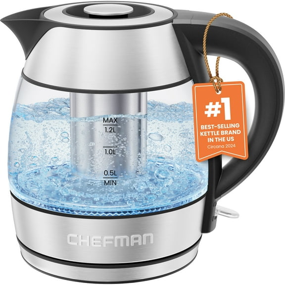 Chefman Rapid Boil 1.2L Electric Tea Kettle w/ Tea Infuser and Removable Lid - Stainless Steel, New