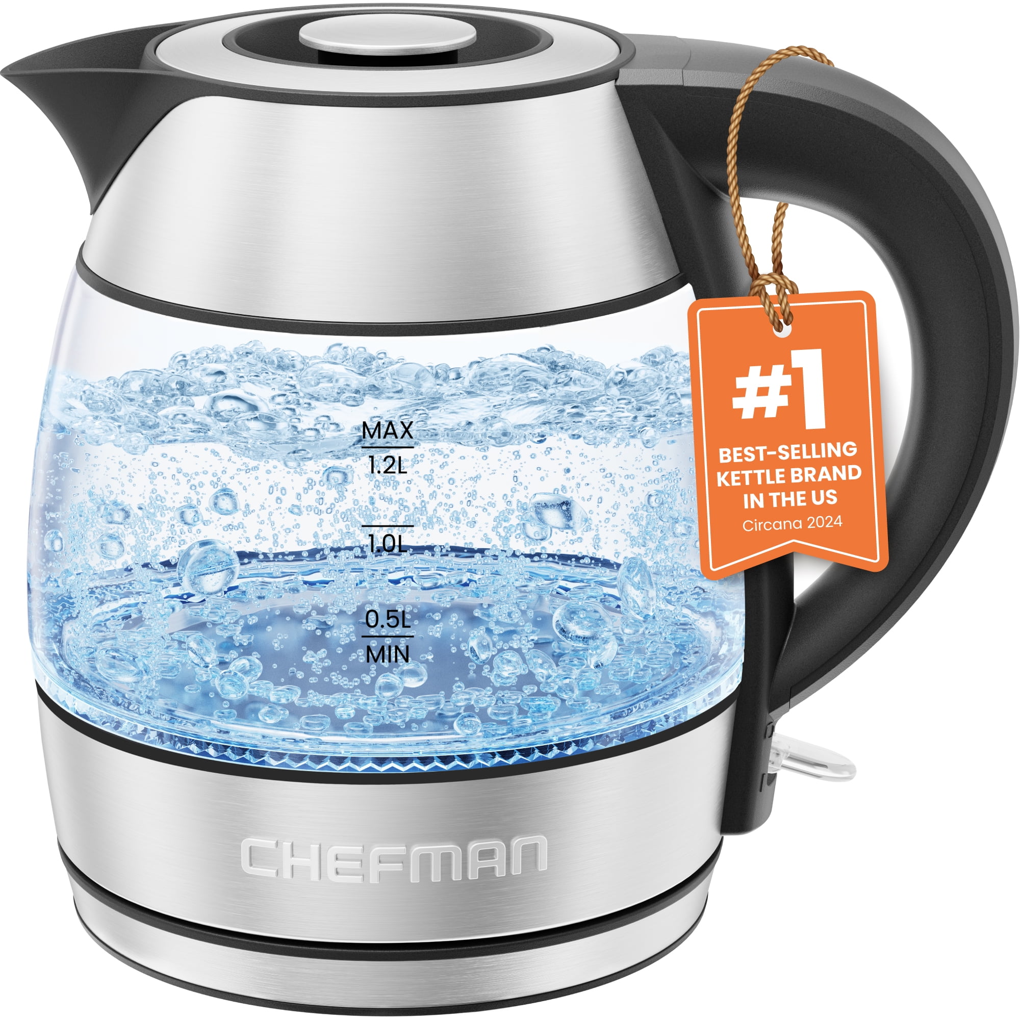 Chefman Rapid Boil 1.2L Electric Tea Kettle with Removable Lid - Stainless Steel